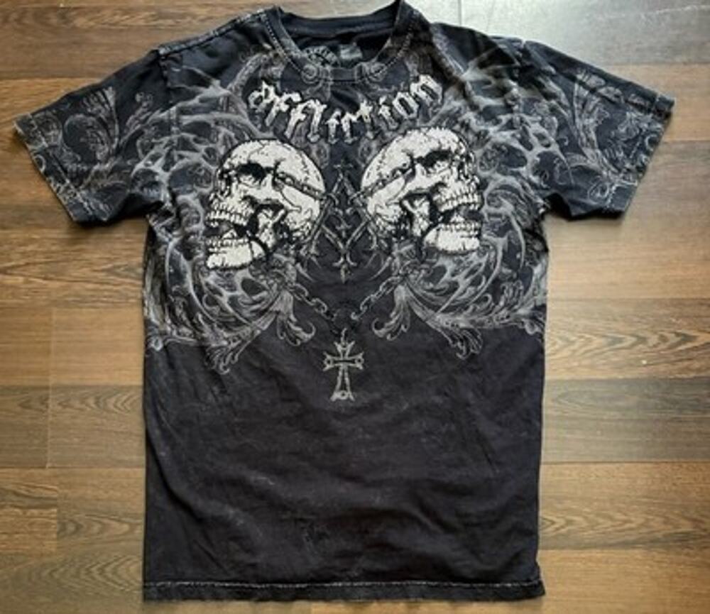 Affliction Black Label Rhinestone Twin Skull Cross Tee M